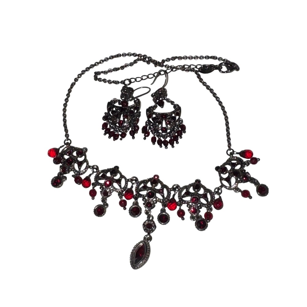 Vintage Gothic Red Rhinestone Gunmetal Necklace and Chandelier Earring Set
